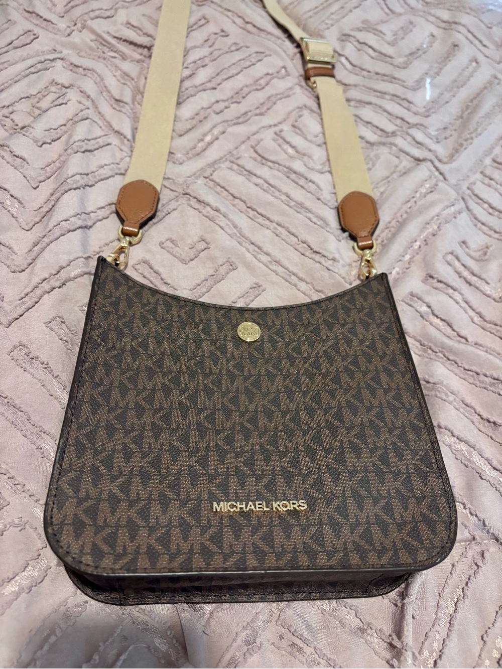 Michael Kors Brown Logo Crossbody with Beige Strap